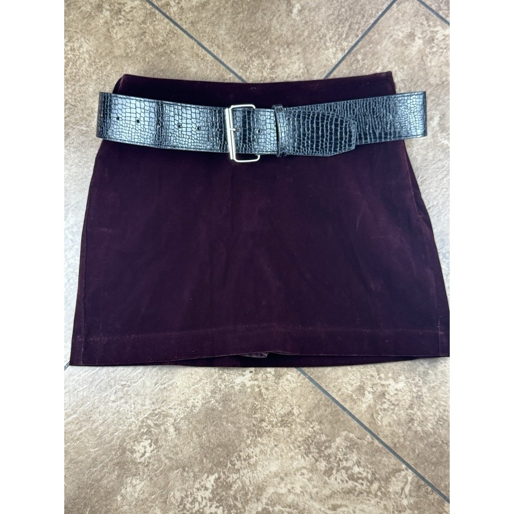 Commence A-line Mini VELVET Burgundy Belted Skirt Side Zip Closure XS